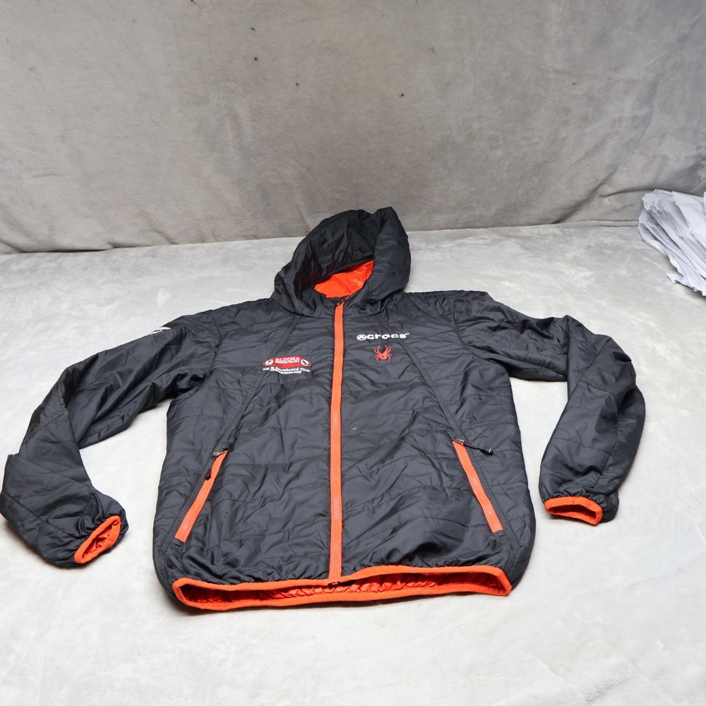 Spyder x Crocs Jacket Mens Small Black Hooded Zip Quilted Patches Winter LOGO